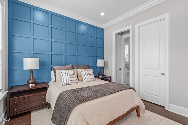 200 Baskerville Ct, Holly Springs, NC 27540 - bedroom featuring a decorative wall, ornamental molding, dark wood-style floors, and recessed lighting