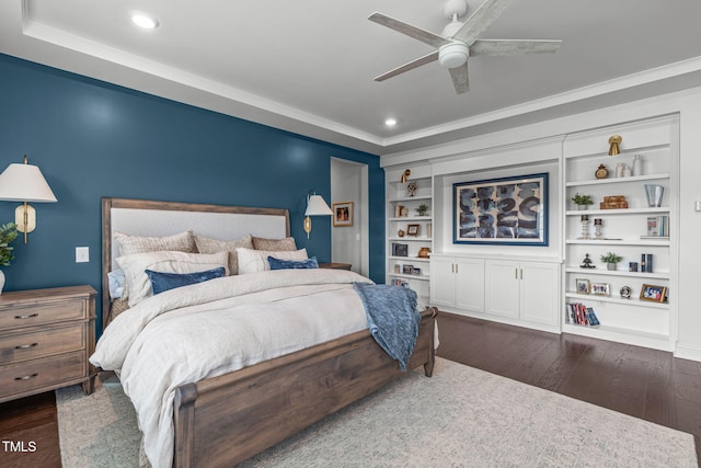 200 Baskerville Ct, Holly Springs, NC 27540 - bedroom featuring dark wood finished floors, recessed lighting, a raised ceiling, ceiling fan, and crown molding
