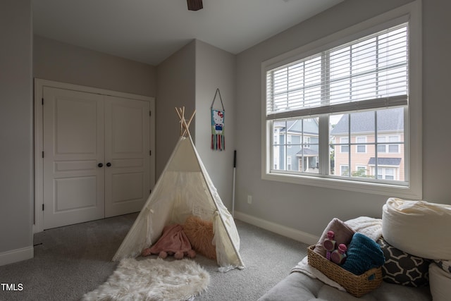 441 Heritage Village Ln, Apex, NC 27502 - playroom featuring carpet flooring, baseboards, and ceiling fan