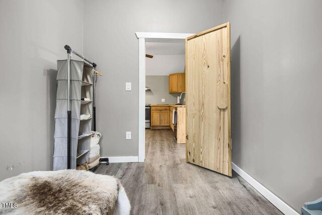 1315 Bull St, Garland, NC 28441 - bedroom featuring light wood-style floors, baseboards, and a sink