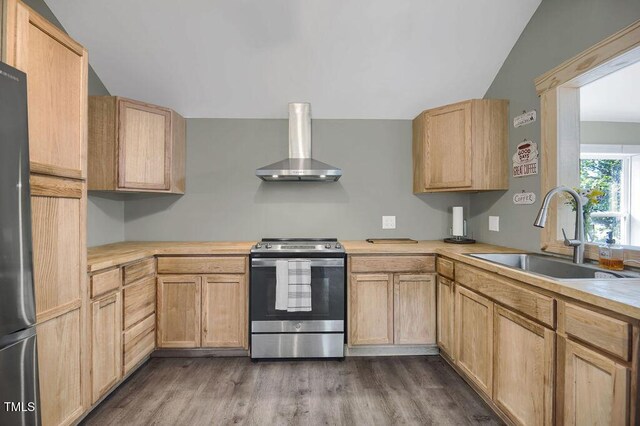 1315 Bull St, Garland, NC 28441 - kitchen featuring stainless steel appliances, wall chimney exhaust hood, a sink, light countertops, and light brown cabinets