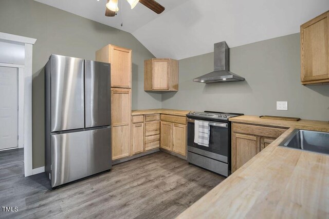 1315 Bull St, Garland, NC 28441 - kitchen with appliances with stainless steel finishes, wall chimney range hood, a sink, lofted ceiling, and a ceiling fan