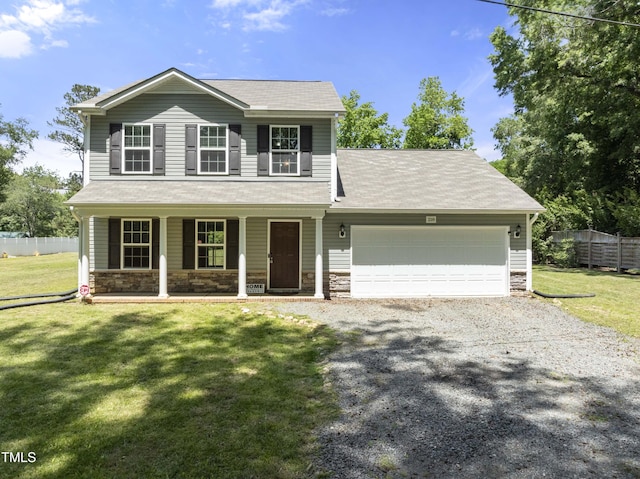 218 Mason Rd, Durham, NC 27712 - view of front of property with a porch, gravel driveway, a garage, and stone siding
