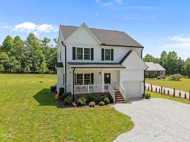 412 Carr Store Rd, Cedar Grove, NC 27231 - modern inspired farmhouse with covered porch, cooling unit, driveway, a front lawn, and roof with shingles