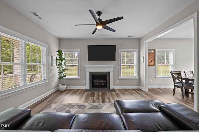 412 Carr Store Rd, Cedar Grove, NC 27231 - living room featuring wood finished floors, ceiling fan, a fireplace with flush hearth, and baseboards