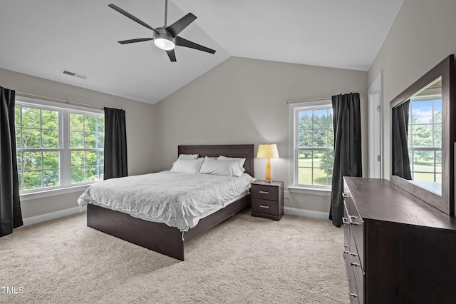 412 Carr Store Rd, Cedar Grove, NC 27231 - bedroom featuring vaulted ceiling, baseboards, light colored carpet, and ceiling fan
