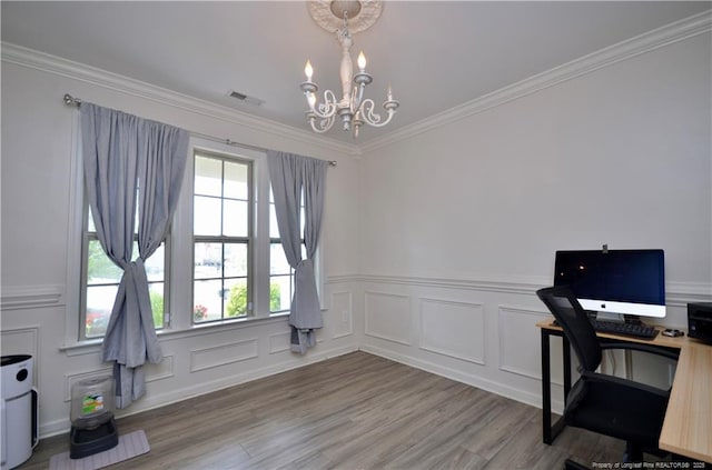 109 Red Coat Dr, Cameron, NC 28326 - unfurnished office with a chandelier, wood finished floors, a wainscoted wall, a decorative wall, and crown molding