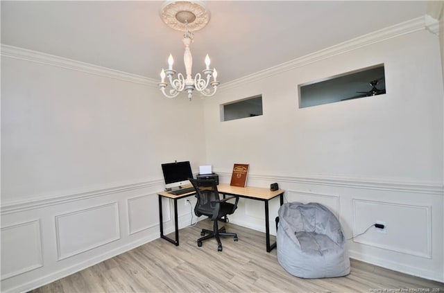 109 Red Coat Dr, Cameron, NC 28326 - home office featuring a chandelier, ornamental molding, wood finished floors, a decorative wall, and wainscoting
