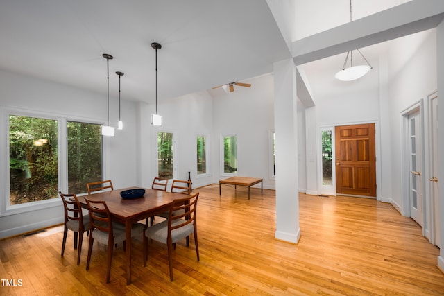 574 Chatham Dr, Chapel Hill, NC 27516 - dining room featuring a high ceiling, light wood finished floors, and baseboards