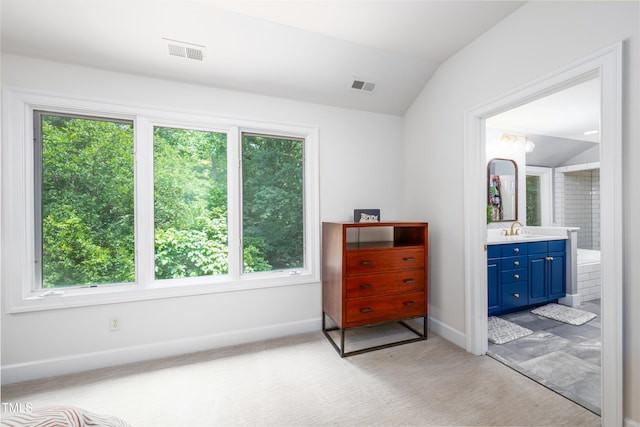 574 Chatham Dr, Chapel Hill, NC 27516 - bedroom featuring vaulted ceiling, baseboards, a sink, and connected bathroom
