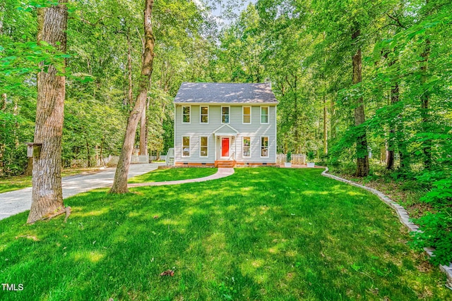 114 Bonaparte Dr, Hillsborough, NC 27278 - view of front of property featuring crawl space, asphalt driveway, a front yard, and a chimney