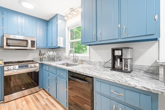 114 Bonaparte Dr, Hillsborough, NC 27278 - kitchen with appliances with stainless steel finishes, blue cabinetry, and a sink