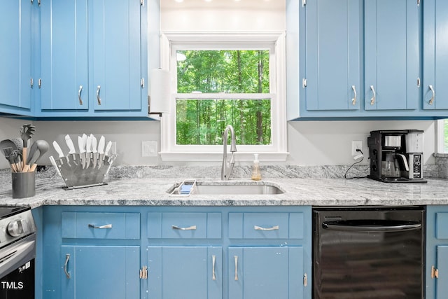 114 Bonaparte Dr, Hillsborough, NC 27278 - kitchen featuring blue cabinets, dishwasher, a sink, and stainless steel electric range oven
