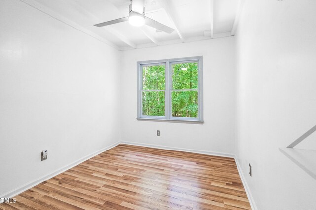 114 Bonaparte Dr, Hillsborough, NC 27278 - unfurnished room featuring ceiling fan, light wood-style floors, baseboards, and beam ceiling