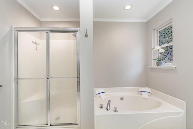 2805 Evans St, Durham, NC 27705 - full bathroom featuring a garden tub, a stall shower, crown molding, and recessed lighting
