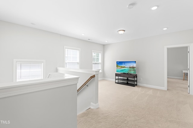 279 Edge Of Auburn Blvd, Raleigh, NC 27610 - hallway with an upstairs landing, light carpet, baseboards, and recessed lighting