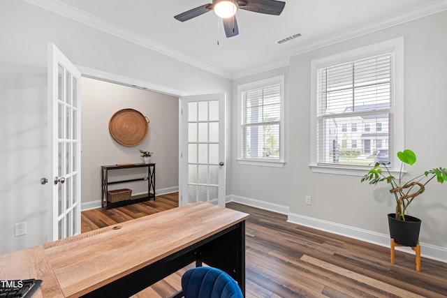 279 Edge Of Auburn Blvd, Raleigh, NC 27610 - home office featuring french doors, crown molding, wood finished floors, ceiling fan, and baseboards