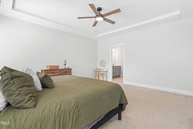 279 Edge Of Auburn Blvd, Raleigh, NC 27610 - bedroom featuring a raised ceiling, baseboards, light colored carpet, ceiling fan, and ensuite bathroom