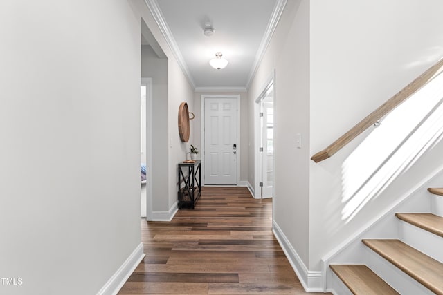 279 Edge Of Auburn Blvd, Raleigh, NC 27610 - corridor featuring crown molding, stairs, wood finished floors, and baseboards