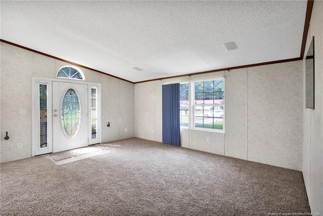 6131 Twiggs Ct, Hope Mills, NC 28348 - foyer featuring crown molding, carpet, lofted ceiling, and a textured ceiling