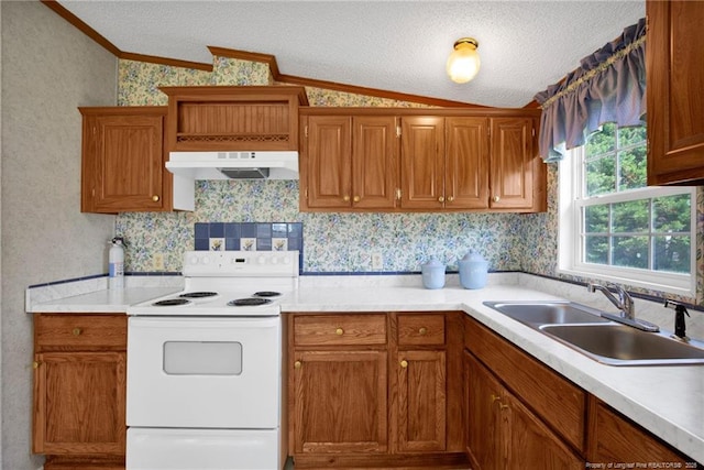 6131 Twiggs Ct, Hope Mills, NC 28348 - kitchen featuring electric range, under cabinet range hood, wallpapered walls, a textured ceiling, and brown cabinetry