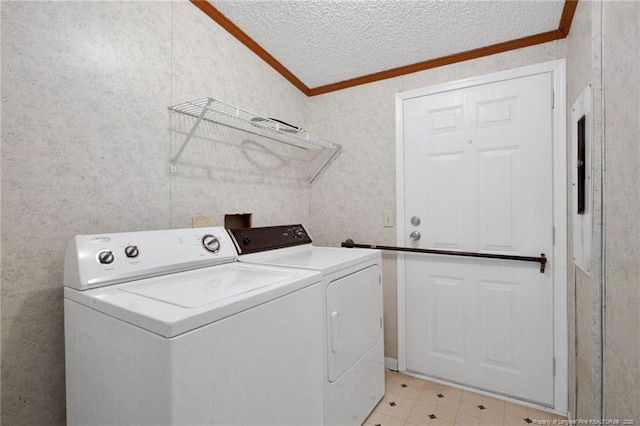 6131 Twiggs Ct, Hope Mills, NC 28348 - laundry area with ornamental molding, separate washer and dryer, and a textured ceiling