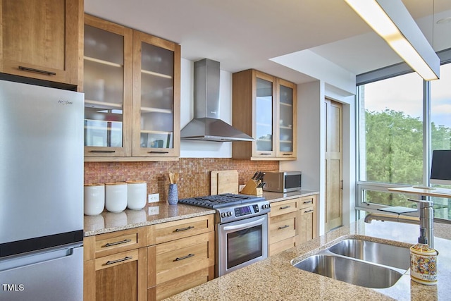 601 W Rosemary St Unit 416, Chapel Hill, NC 27516 - kitchen with appliances with stainless steel finishes, wall chimney exhaust hood, a sink, decorative backsplash, and light stone counters