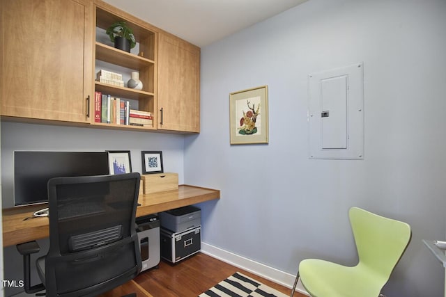 601 W Rosemary St Unit 416, Chapel Hill, NC 27516 - office with electric panel, dark wood finished floors, baseboards, and built in desk