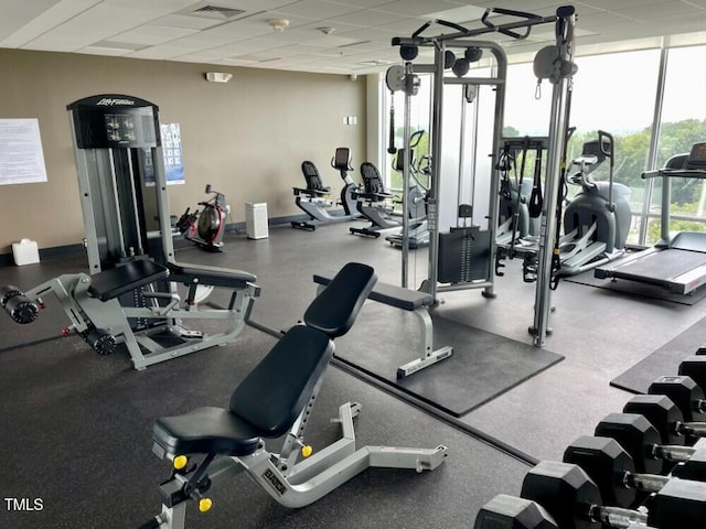 601 W Rosemary St Unit 416, Chapel Hill, NC 27516 - workout area with healthy amount of natural light, floor to ceiling windows, and a paneled ceiling