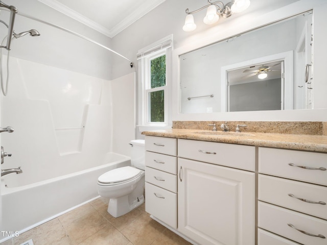 8312 Bellingham Cir, Raleigh, NC 27615 - full bath with ornamental molding, vanity,  shower combination, toilet, and tile patterned floors