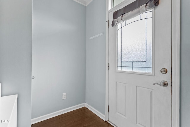 510 Berry Chase Way, Cary, NC 27519 - doorway to outside with crown molding, dark wood-type flooring, and baseboards