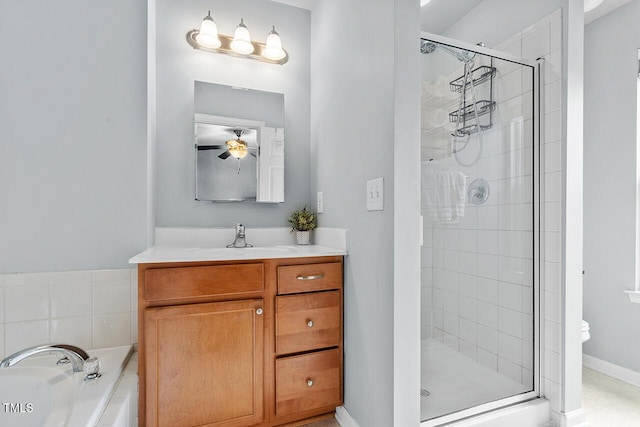 510 Berry Chase Way, Cary, NC 27519 - bathroom featuring a stall shower, a bath, vanity, and ceiling fan