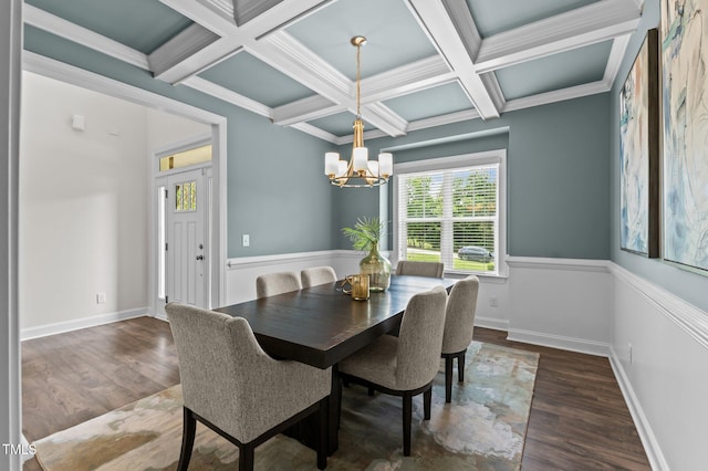 8304 Southmoor Hill Trl, Wake Forest, NC 27587 - dining area with wood finished floors, a chandelier, coffered ceiling, beamed ceiling, and ornamental molding