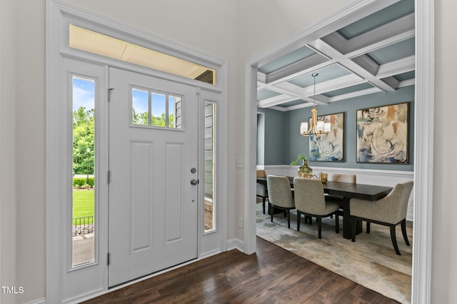 8304 Southmoor Hill Trl, Wake Forest, NC 27587 - entrance foyer featuring a chandelier, dark wood-type flooring, coffered ceiling, beamed ceiling, and baseboards
