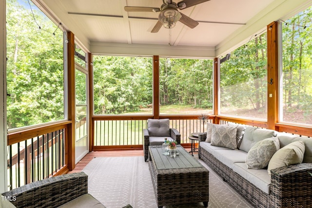 8304 Southmoor Hill Trl, Wake Forest, NC 27587 - wooden terrace with outdoor lounge area and a ceiling fan
