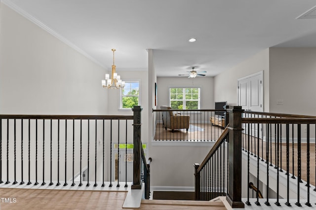 8304 Southmoor Hill Trl, Wake Forest, NC 27587 - staircase with baseboards, ornamental molding, ceiling fan, a chandelier, and recessed lighting