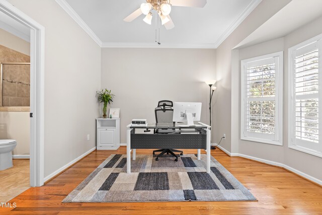 203 Worsham Dr, Chapel Hill, NC 27516 - home office with a ceiling fan, plenty of natural light, wood finished floors, and crown molding