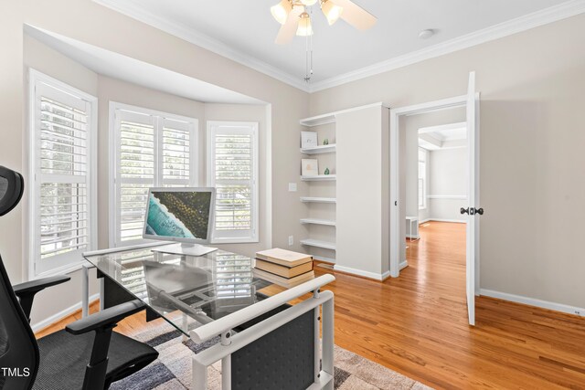 203 Worsham Dr, Chapel Hill, NC 27516 - office with ceiling fan, light wood-type flooring, baseboards, and crown molding