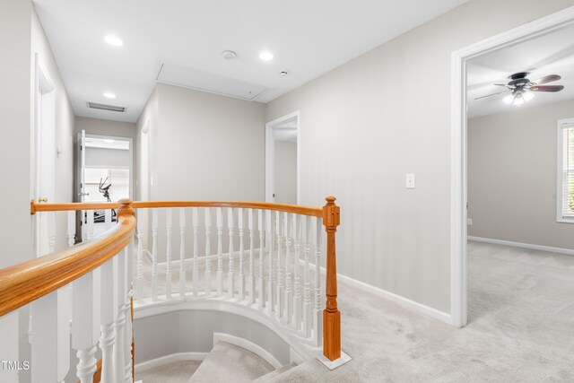 203 Worsham Dr, Chapel Hill, NC 27516 - hallway with attic access, an upstairs landing, carpet floors, baseboards, and recessed lighting