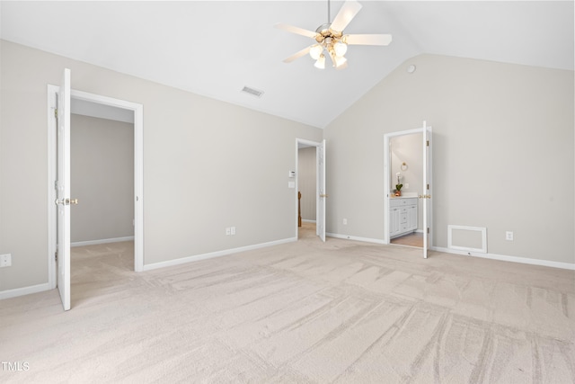 203 Worsham Dr, Chapel Hill, NC 27516 - unfurnished bedroom featuring lofted ceiling, light colored carpet, a spacious closet, ensuite bath, and ceiling fan