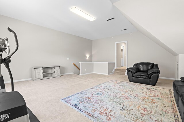 203 Worsham Dr, Chapel Hill, NC 27516 - workout room featuring carpet floors, lofted ceiling, and baseboards