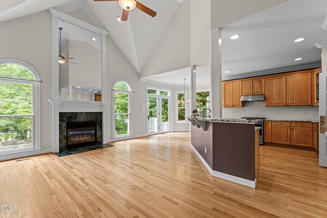 2001 Dobson Ct, Raleigh, NC 27612 - kitchen featuring stainless steel gas range, ceiling fan, open floor plan, high vaulted ceiling, and recessed lighting