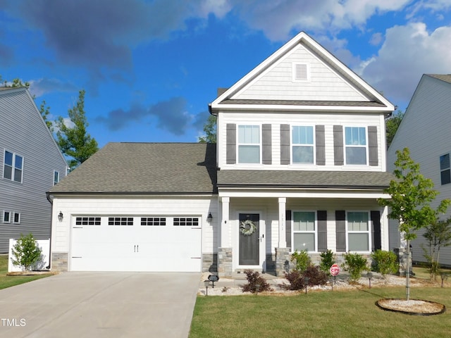 1311 Arena Ln, Fuquay Varina, NC 27526 - craftsman-style house with a garage, concrete driveway, a front yard, roof with shingles, and stone siding