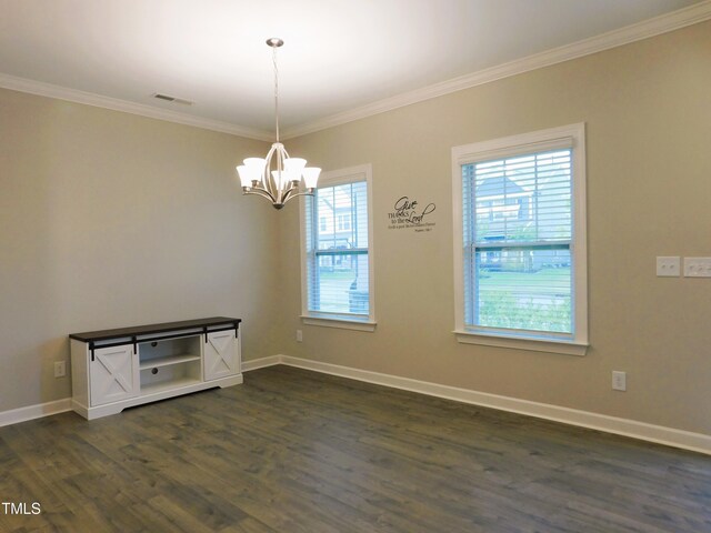 1311 Arena Ln, Fuquay Varina, NC 27526 - empty room featuring plenty of natural light, dark wood-style floors, ornamental molding, a chandelier, and baseboards