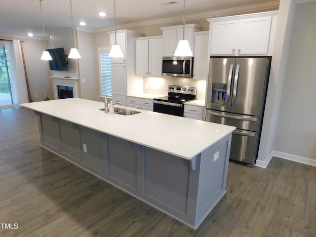 1311 Arena Ln, Fuquay Varina, NC 27526 - kitchen featuring stainless steel appliances, a sink, an island with sink, white cabinets, and dark wood-style floors