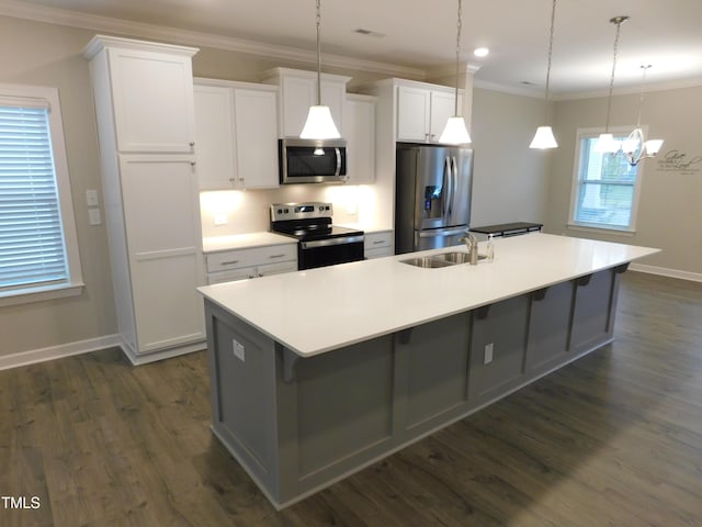 1311 Arena Ln, Fuquay Varina, NC 27526 - kitchen with stainless steel appliances, a spacious island, dark wood-type flooring, baseboards, and white cabinetry
