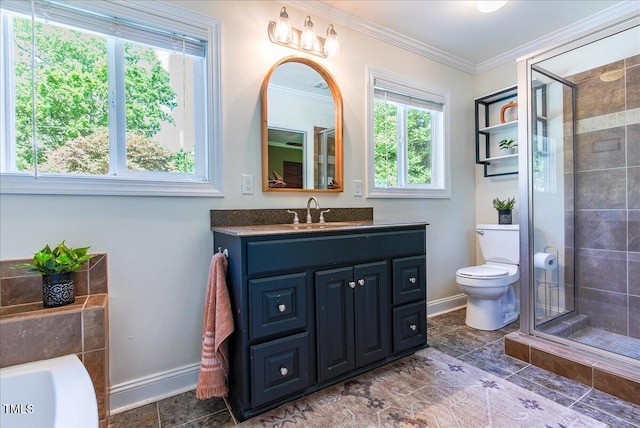 5625 Church Rd, Graham, NC 27253 - bathroom featuring vanity, a stall shower, ornamental molding, toilet, and baseboards
