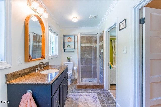 5625 Church Rd, Graham, NC 27253 - full bath with toilet, vanity, a shower stall, crown molding, and tile patterned flooring