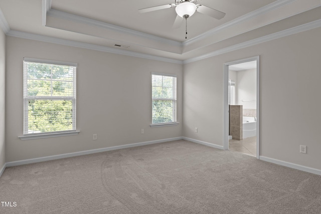2082 Weston Green Loop, Cary, NC 27513 - empty room with ornamental molding, light colored carpet, a raised ceiling, ceiling fan, and baseboards