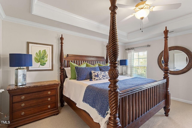 2082 Weston Green Loop, Cary, NC 27513 - bedroom with a raised ceiling, light colored carpet, ornamental molding, baseboards, and ceiling fan